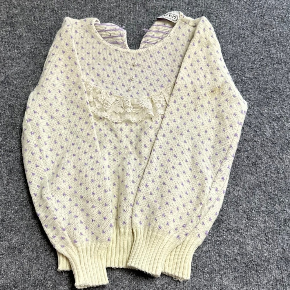 Sugar Tops Sweater Womens Size S Cream Purple Lace Trim Vintage USA Made Stain